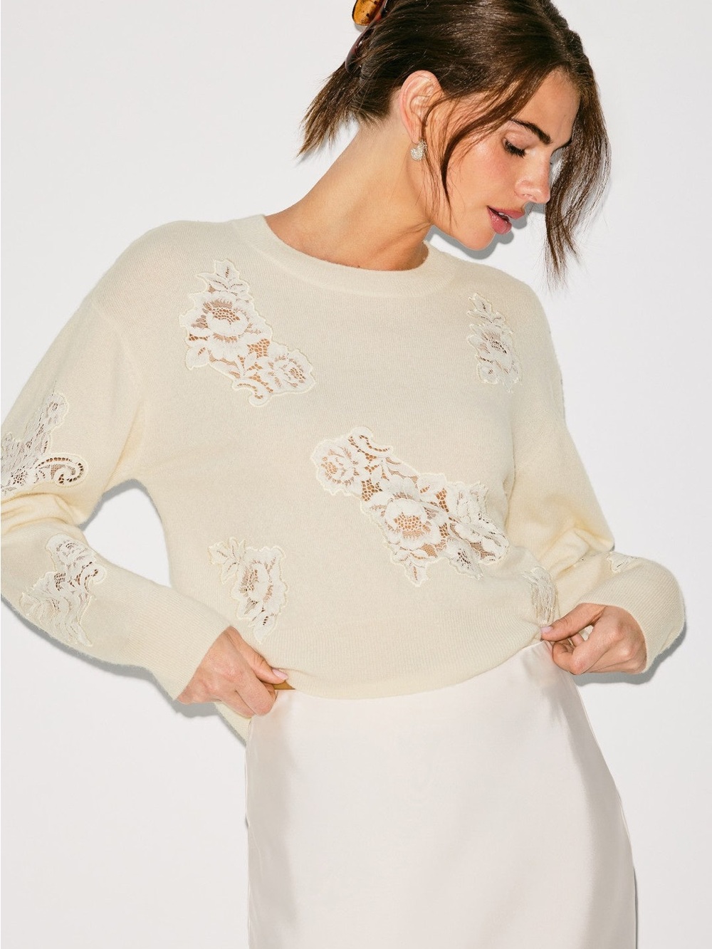 LoveShackFancy Women's Cream Lace-Appliqué Crewneck Sweater size XS